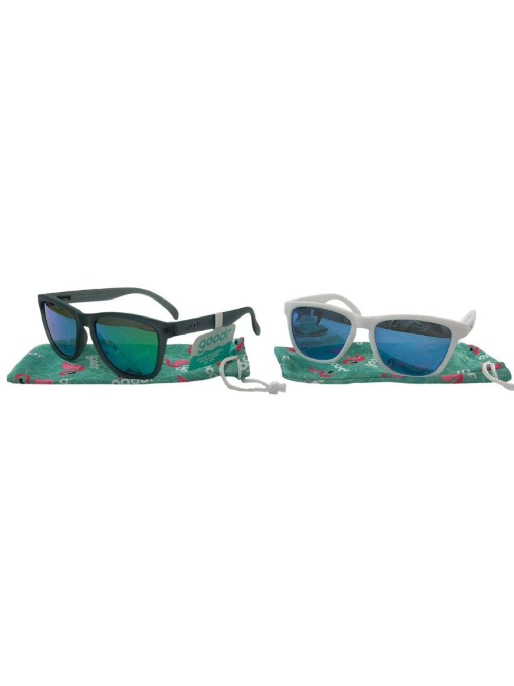 Goodr OG Polarized Sunglasses 2-PACK Cases: White Black Frames Blue Green Lenses